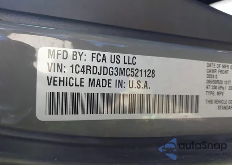 2021 Dodge Durango Gt Plus Awd z USA, uszkodzony, nr VIN 1C4RDJDG3MC521128